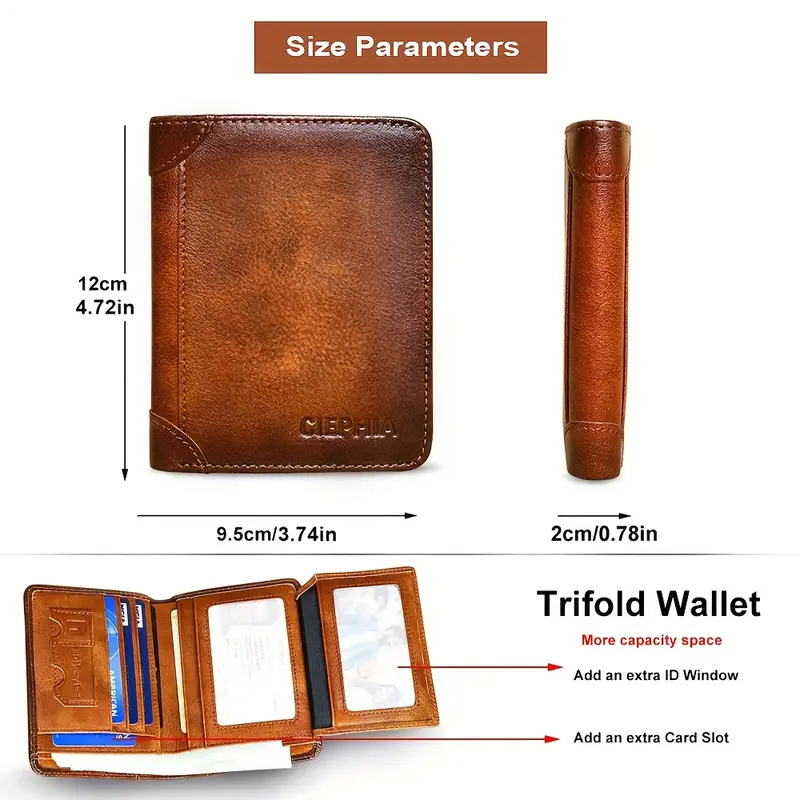 Cartera vintage de cuero genuino con bloqueo RFID para hombre, billetera triple
