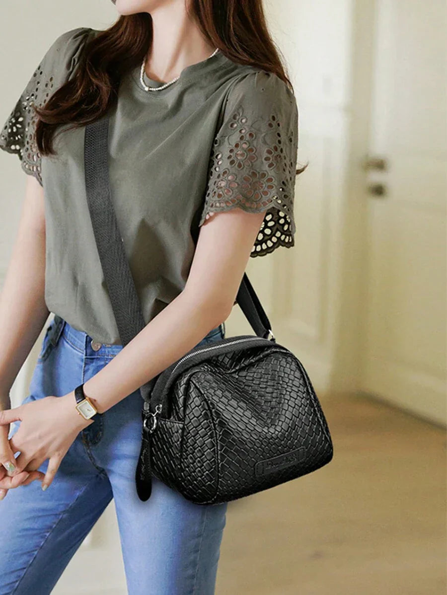 Bolso bandolera de gran capacidad tejido a mano, elegante bolso de piel tipo concha, ¡con un 45% de descuento!