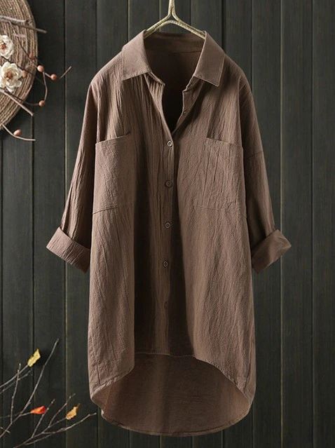 Camisa holgada de algodón y lino de color liso con temperamento