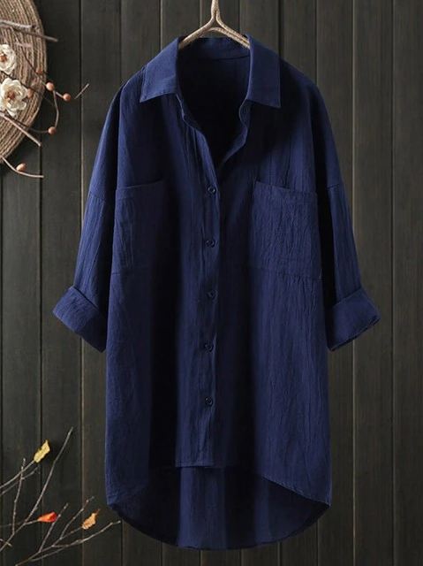 Camisa holgada de algodón y lino de color liso con temperamento