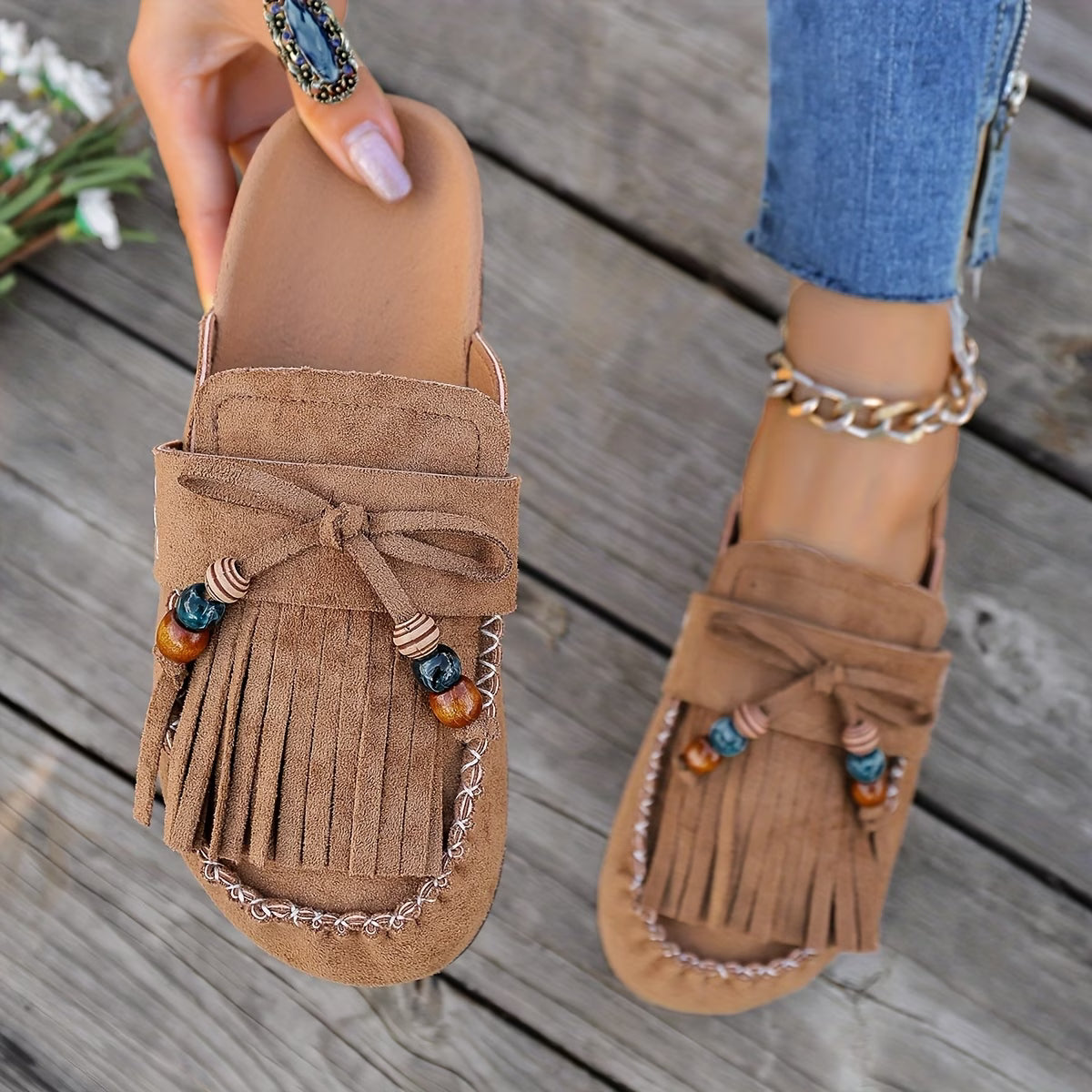 Bohemian Style Women's Slip-on Shoes, Wedge Heel Thick Soled Sandals